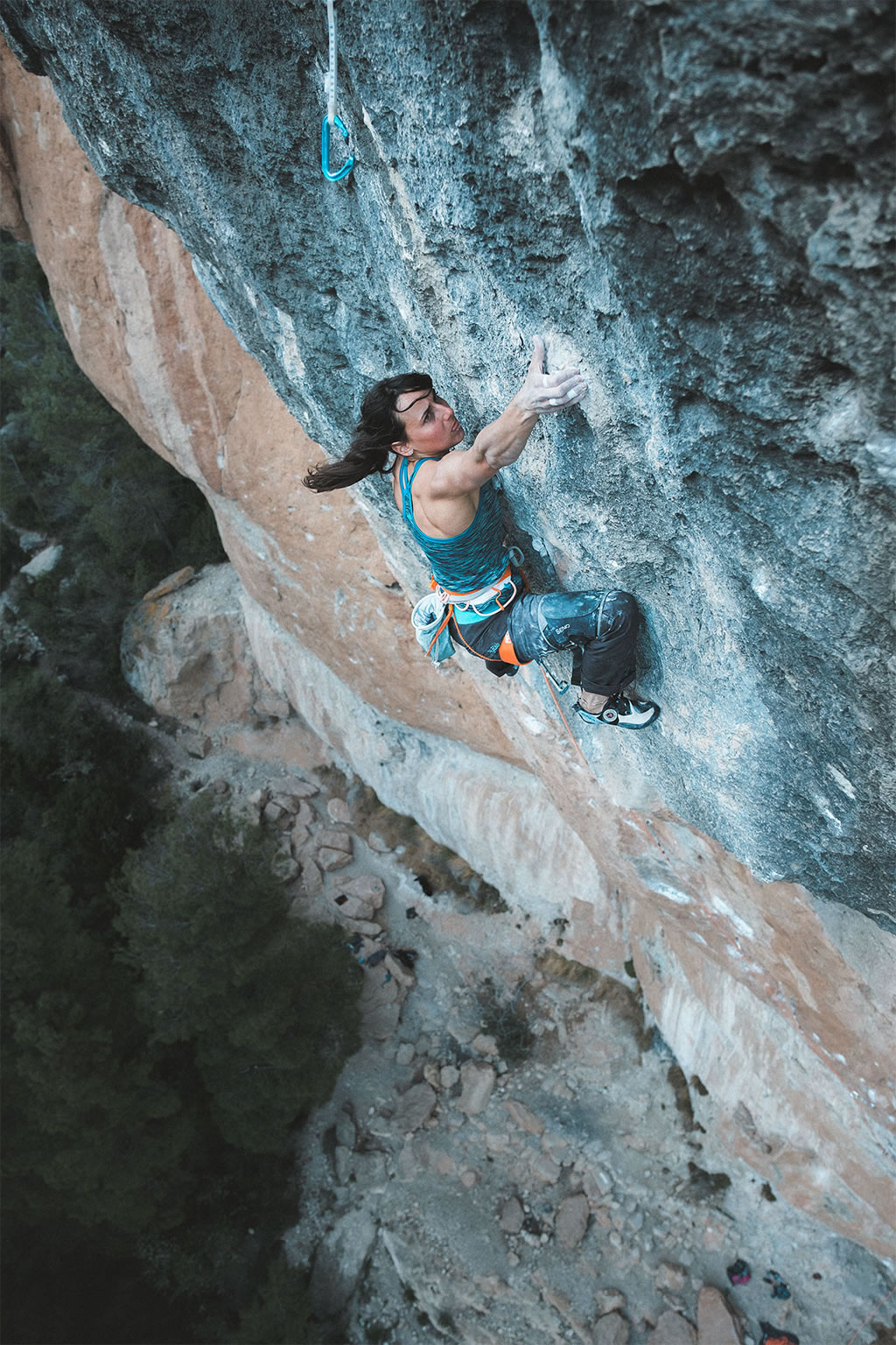 view from above of climber Alizee Dufraisse gripping at a vertical rock wall with her hand on top and with trees below